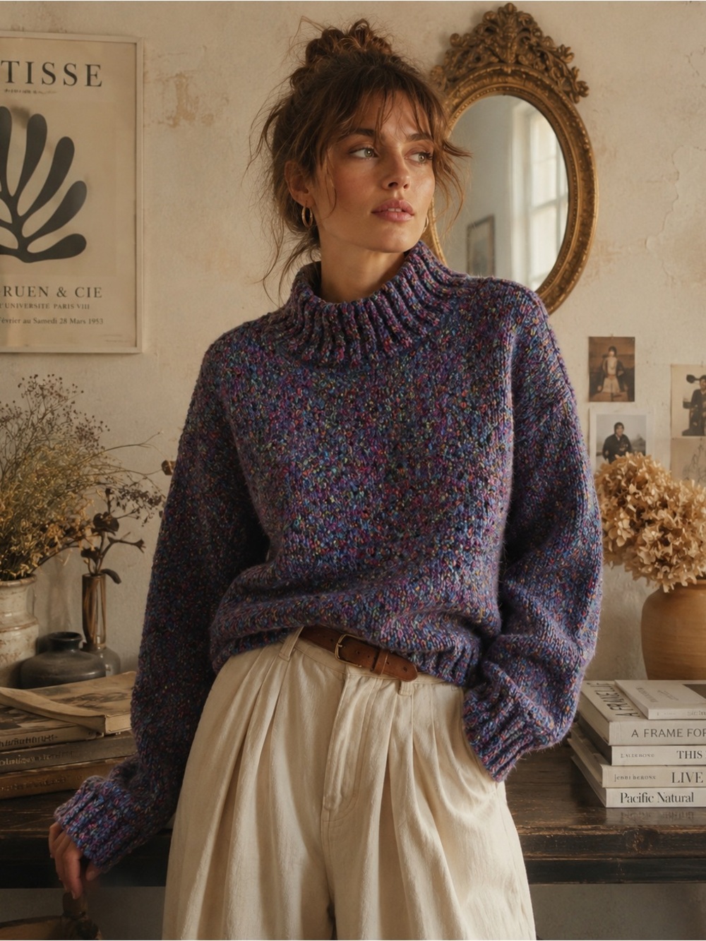 Express Tricot Vintage Multicolor Cowl Neck Sweater